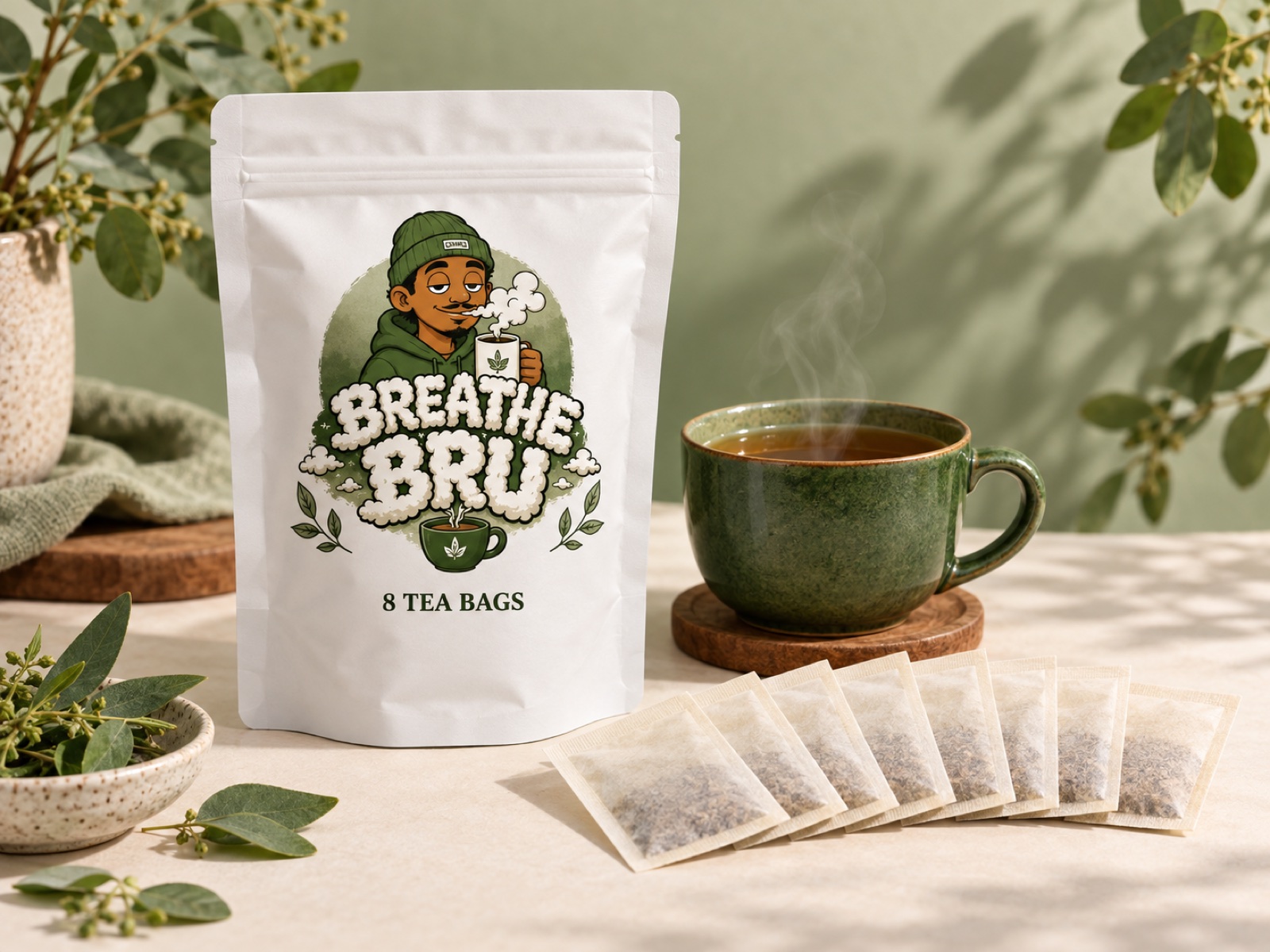 Breathe Bru white pouch, eight tea bags and a green cup of tea