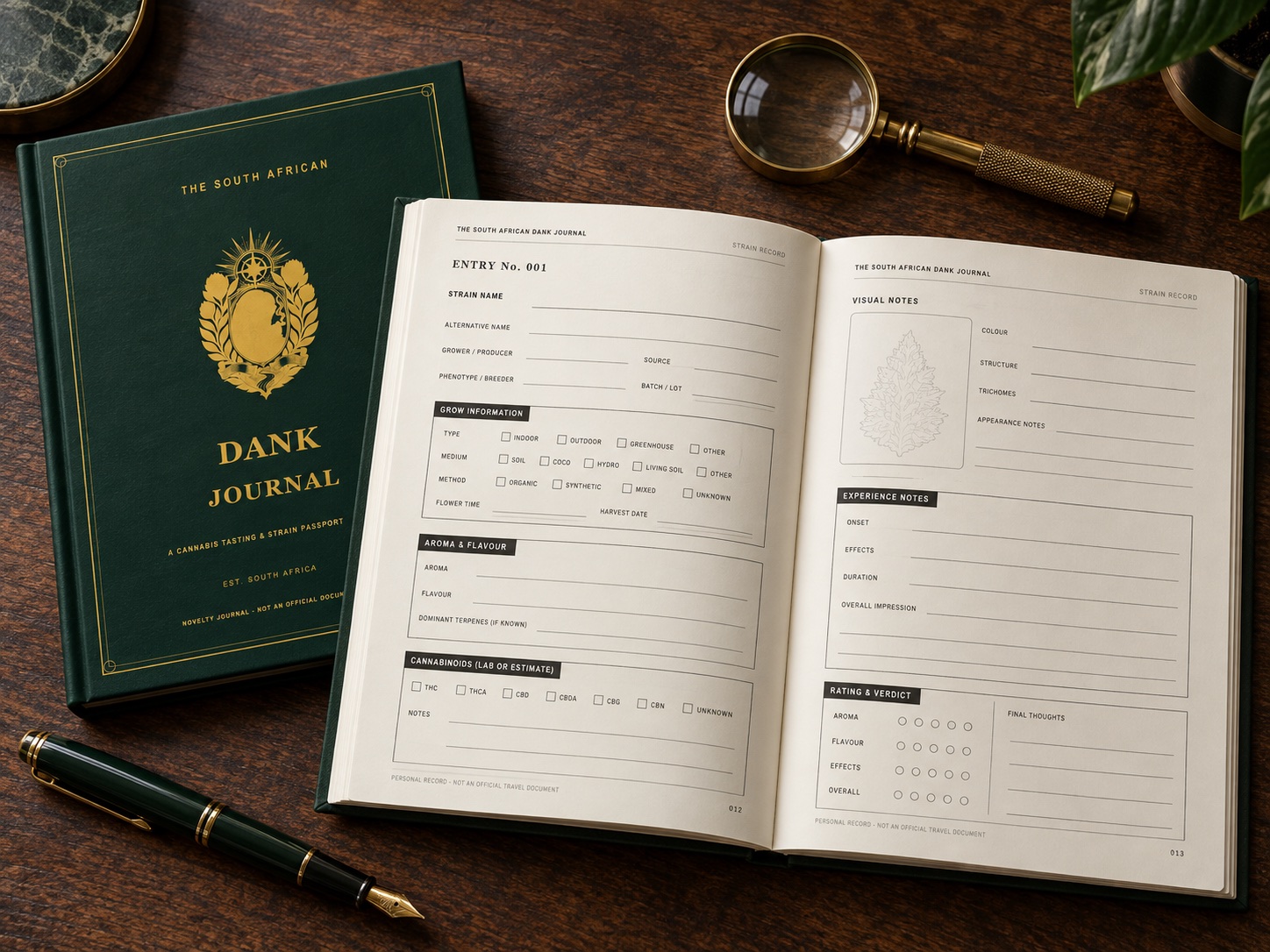 South African Dank Journal open to a detailed strain record spread beside its cover