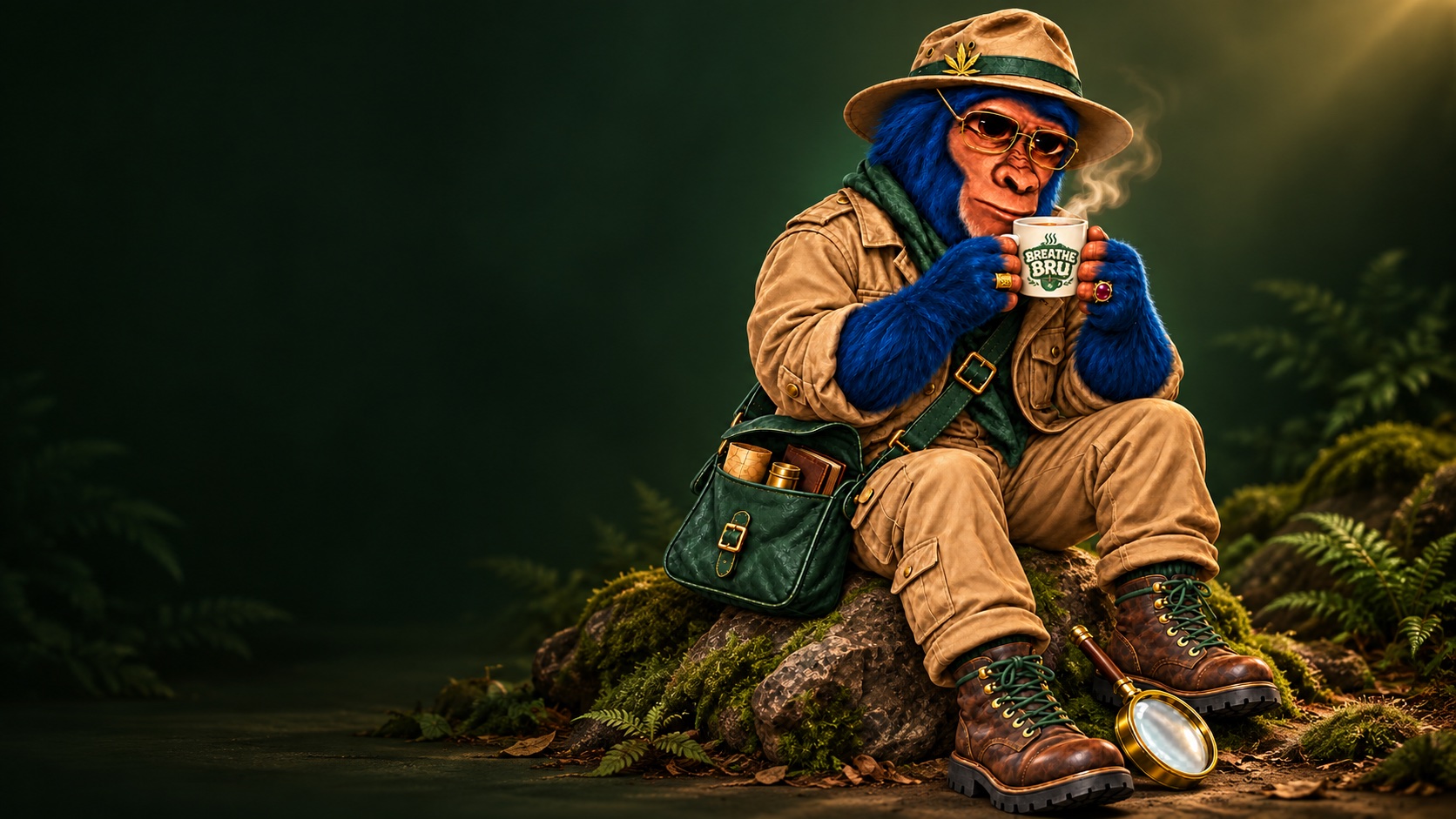 Full-body Find Dank explorer gorilla enjoying Breathe Bru from a branded mug