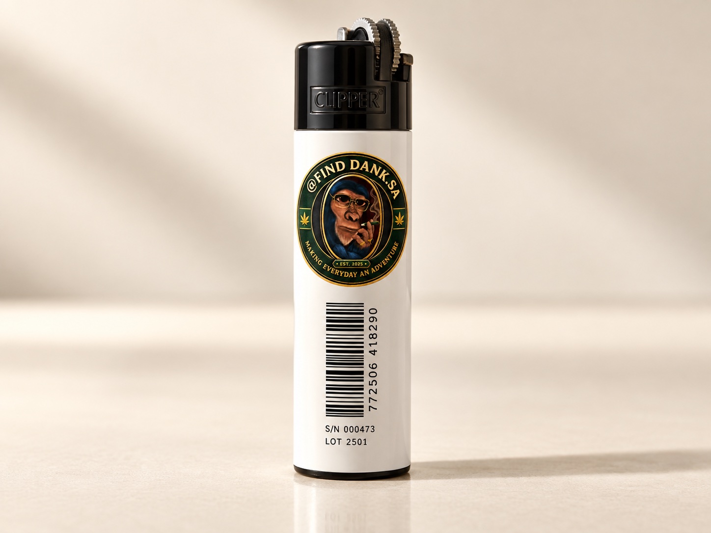 Real white Find Dank Clipper-style lighter with its trackable barcode